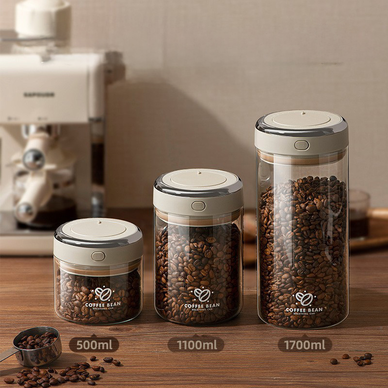 Food Storage Jar Glass - 500/1100/1700ml Coffee Beans Vacuum Sealed Tank