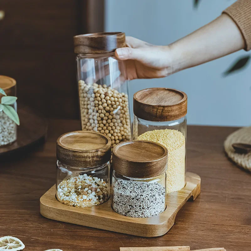 Food Storage Jar Glass - Wood Lid Orgnizer Glass Airtight Canister
