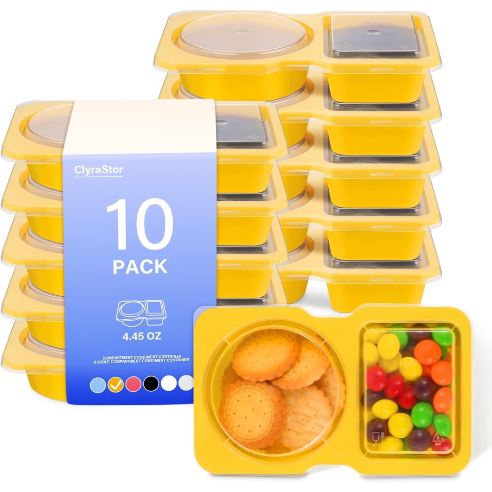 Food Storage Yellow - 2 Compartment Disposable Plastic Snack Containers