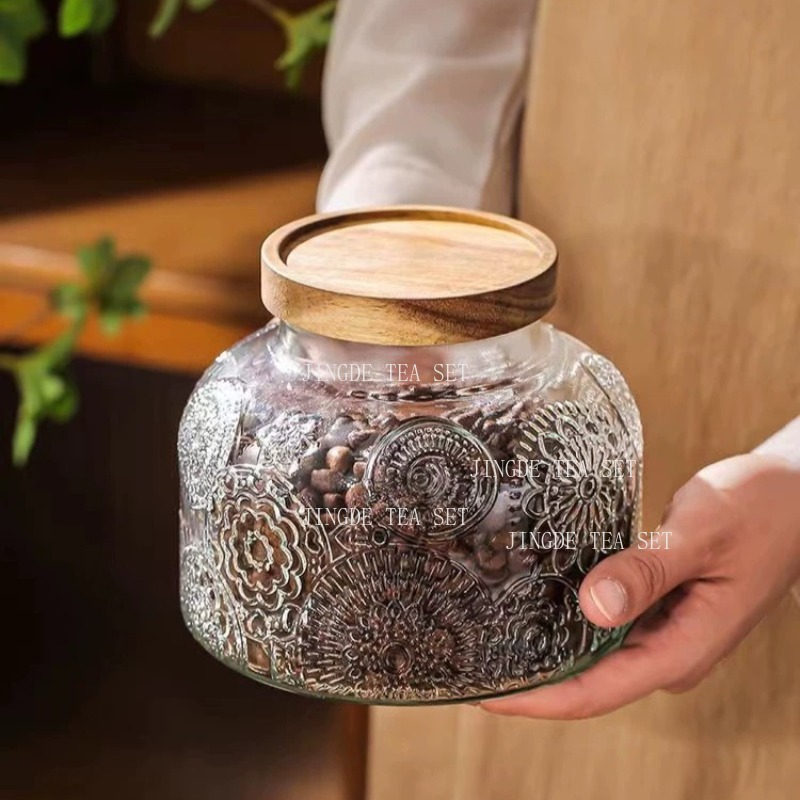 Food Storage Jar Glass - Embossed Glass Storage Jar Wooden Lid